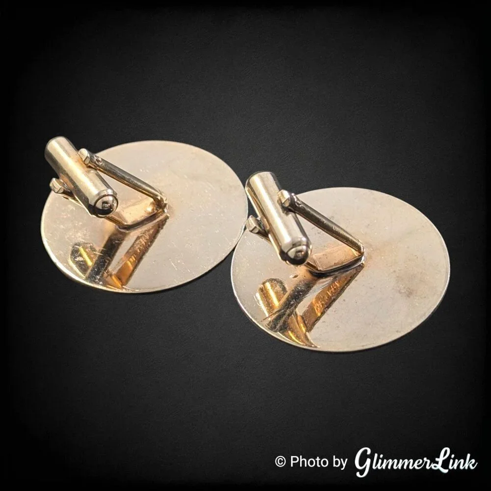 Vintage Mr Tara Art Deco Style Round Circular Etched Gold Tone Cufflinks